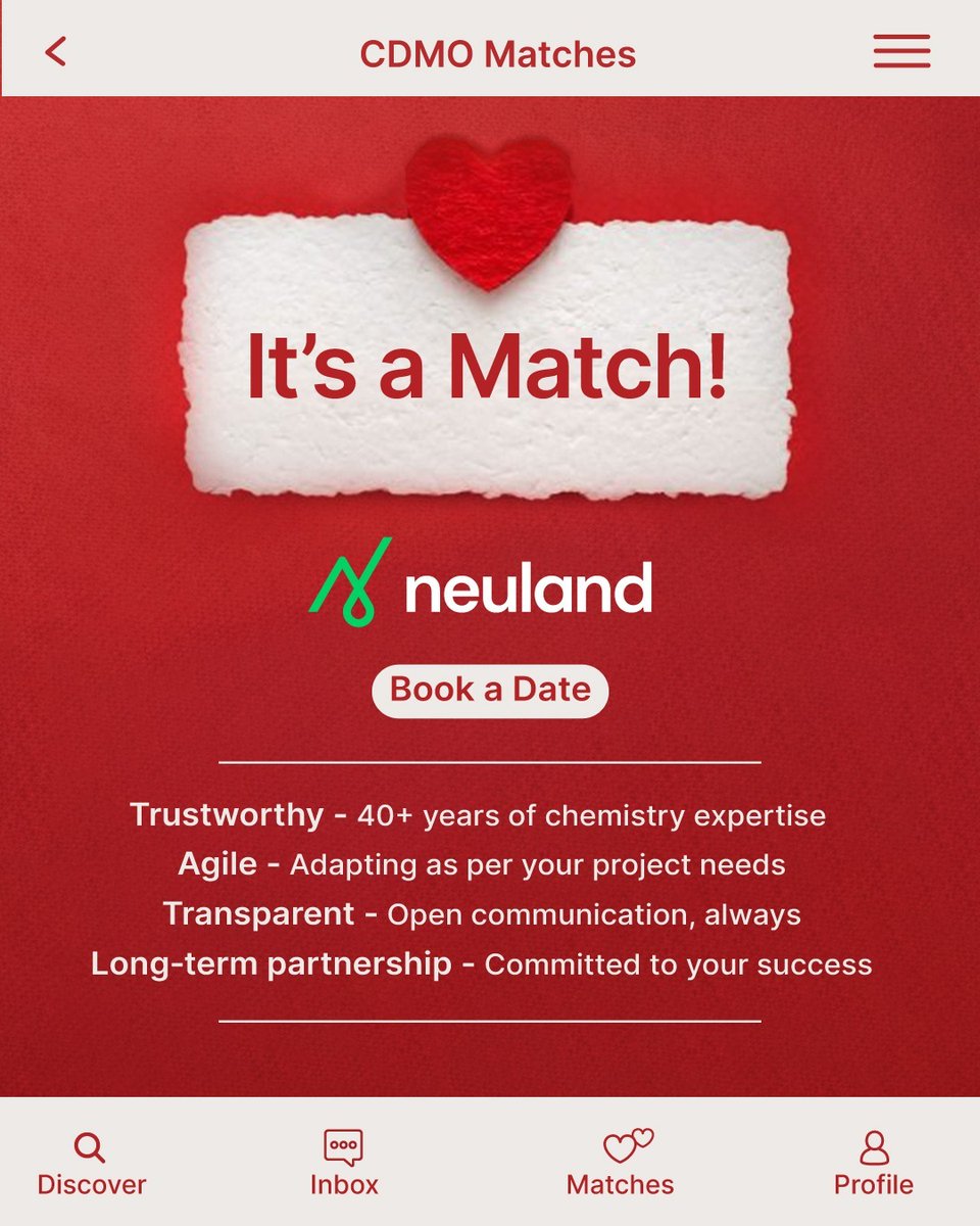 This Valentine’s Day ♥️, find the right match for your molecule because the right CDMO partner makes all the difference!  😍
Let’s connect : hubs.la/Q042-n0Z0
 
#ValentinesDay #CDMO #PharmaPartnership #API #Neuland