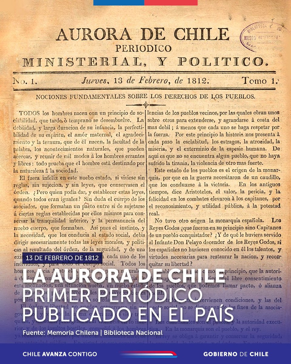patrimonio_cl's tweet photo. Un 13 de febrero de 1812 circuló el primer número de La Aurora de Chile, primer periódico nacional, dirigido por fray Camilo Henríquez. Salía los jueves, alcanzó 58 números y en 1813 dio paso a El Monitor Araucano. Su imprenta hoy la resguarda @BNChile. 📰📜 https://t.co/yUB3Sj5oe1
