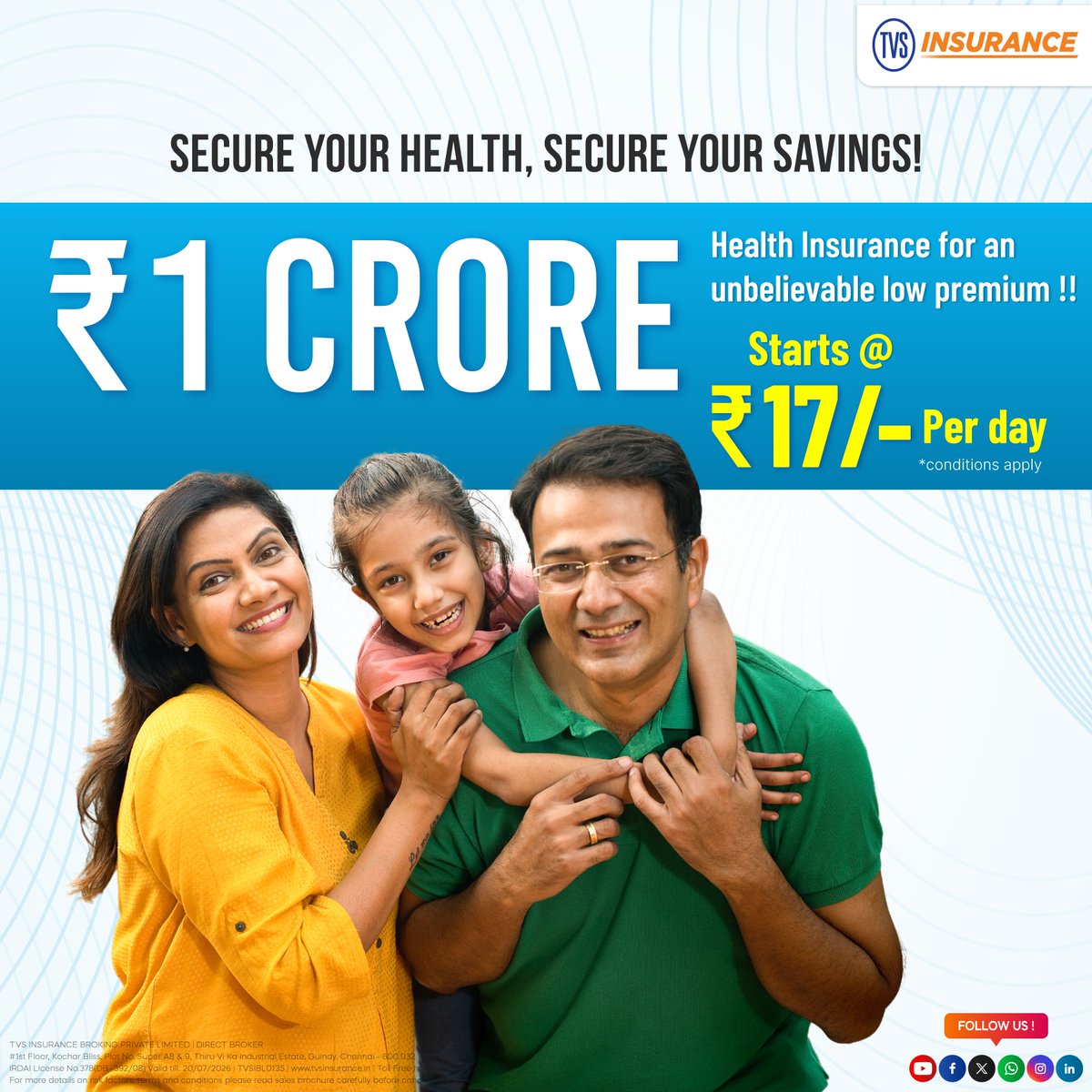 TVS_Insurance's tweet image. ₹1 Crore health cover starting at just ₹17/day?  - Yes

Get your Health Cover today

Call / WhatsApp: 1800 309 0203

✅Covered today with TVS Insurance

#HealthInsurance #TVSInsurance #SecureYourHealth #InsuranceForAll #SurakshitBharat #FamilyHealth #FinancialSecurity #Savings