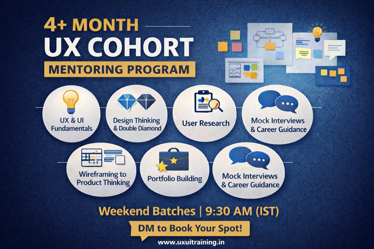 tusharadeshmukh's tweet photo. 4+ Month UX Cohort Mentoring Program-  This is not a crash course.

This is structured, long-term capability building.
Over 4+ months, we go deep into:

• UX and UI fundamentals
• UCD, Design Thinking, Design Sprint, Double Diamond adn Lean UX
• User Research mindset
• Wireframing to Product Thinking
• Real-world case studies
• Portfolio building with clarity
• Mock interviews & career direction

This cohort is designed for serious learners who want to build thinking, not just tools.

🗓 Weekend Batches
🕤 9:30 AM (IST)
📩 DM to know details or book a demo call

UXUITrainingLab Pvt. Ltd. , UXExpert , UXUIHiring, UXTalksIn

#India #UXIndia

#UX #UI #UXDesign #UIDesign

#UCD #DesignThinking #DesignSprint #DoubleDiamond #LeanUX

#ProductDesign #DesignThinking #DesignSprint #DoubleDiamond #UserResearch #UserPsychology #DesignProcess #UXMentorship #UXCoaching #DesignCareer
#Hyderabad #Bengaluru #Mumbai #Pune #Chennai
#Delhi #NCR #Gurgaon #Noida #Ahmedabad #Jaipur
#Kolkata #Indore #Lucknow #Chandigarh #Kochi
#Trivandrum #Vizag #Vijayawada #Surat #Vadodara
#PortfolioBuilding #UXIndia #DesignLeadership
#HumanCenteredDesign #LearnUX #UXCommunity