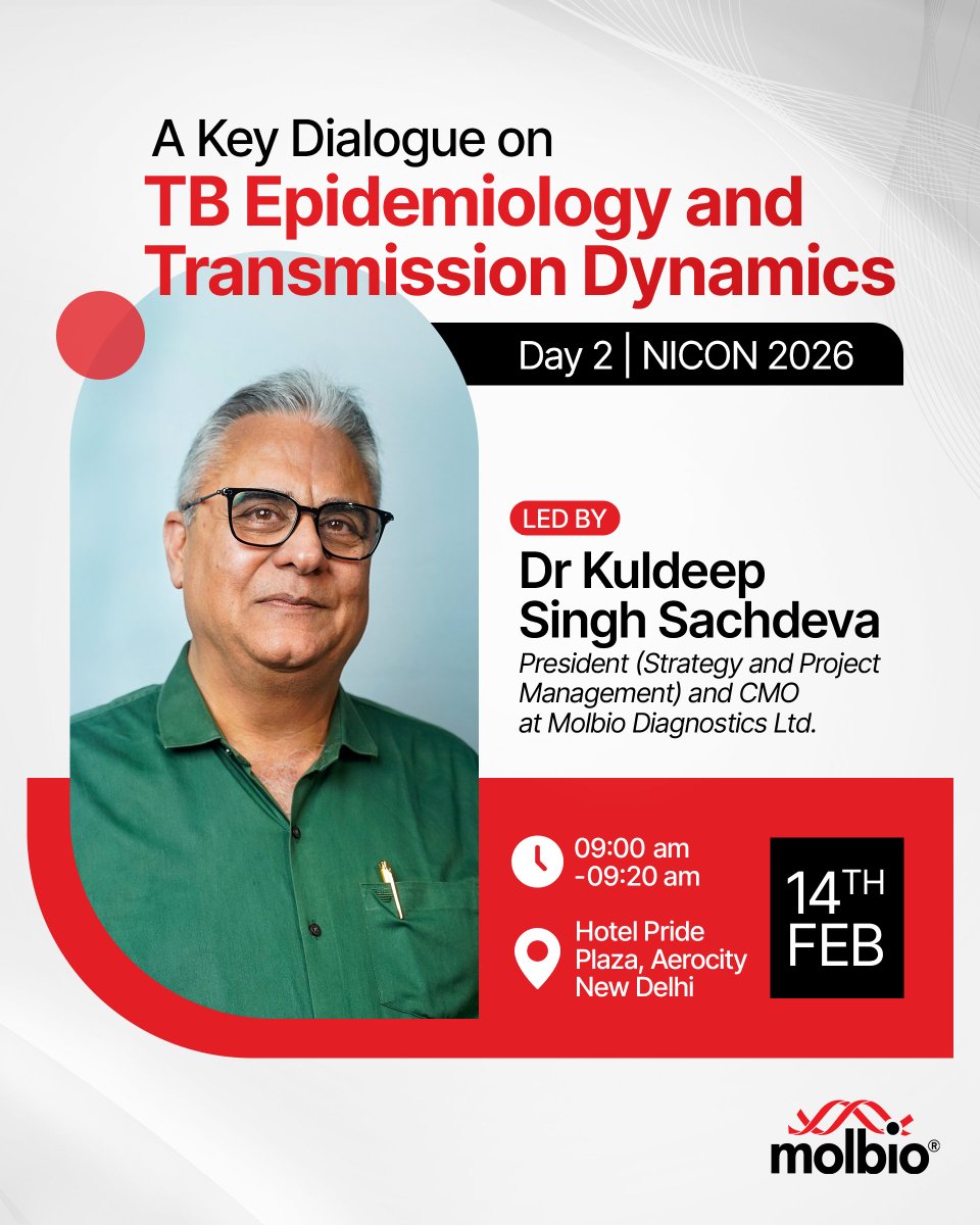 MolbioDx's tweet photo. On Day 2 of NICON 2026, Dr Kuldeep Singh Sachdeva will lead a session on TB epidemiology and transmission dynamics.

As India’s TB and respiratory health community gathers in New Delhi, the discussion will focus on understanding how transmission patterns shape control strategies, programme design, and response on the ground.

If you’re attending NICON, join the session.

#NICON2026 #Tuberculosis #PublicHealth #MolbioDiagnostics