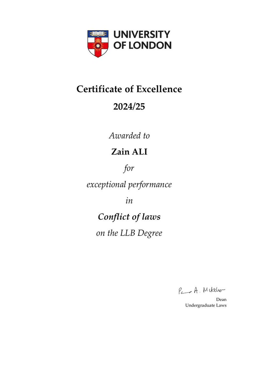 IclsOfficial's tweet photo. We are proud to share that Zain Ali, a student of International College for Legal Studies (ICLS), has been awarded a Certificate of Excellence by the University of London for his outstanding performance in final year LLB subject "Conflict of Laws".

#ICLS  #Universityoflondon https://t.co/le9Bb07607