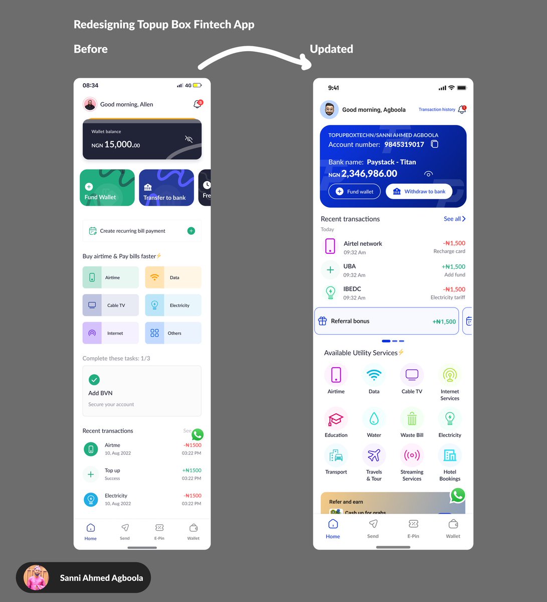 sanniahmed's tweet image. I redesigned the entire TopupBox mobile app and I’m sharing with you all, the dashboard 👀

Just a little sneak peek of what I cooked.
Clean. Simple. Fintech but friendly.

More screens soon ✨
What do you think?

#UIUX #Fintech #MobileDesign #ProductDesign #productdesigners
