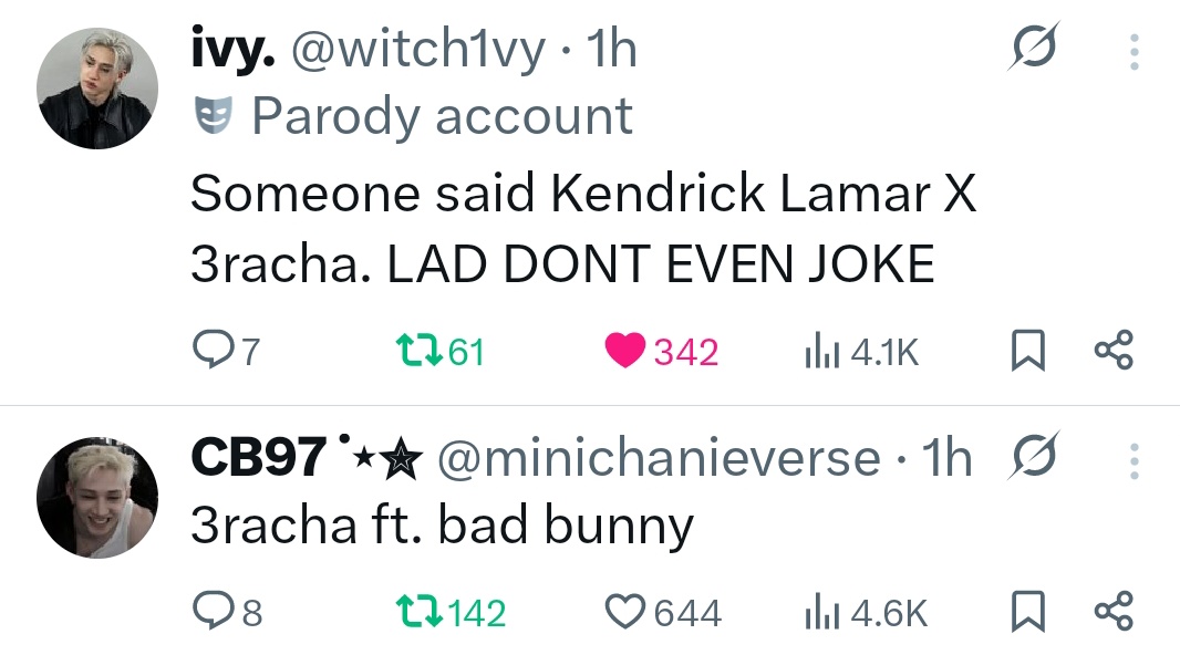 3racha x bbno$
3racha x metro boomin
3racha x kendrick lamar
3racha x bad bunny

and the list goes on