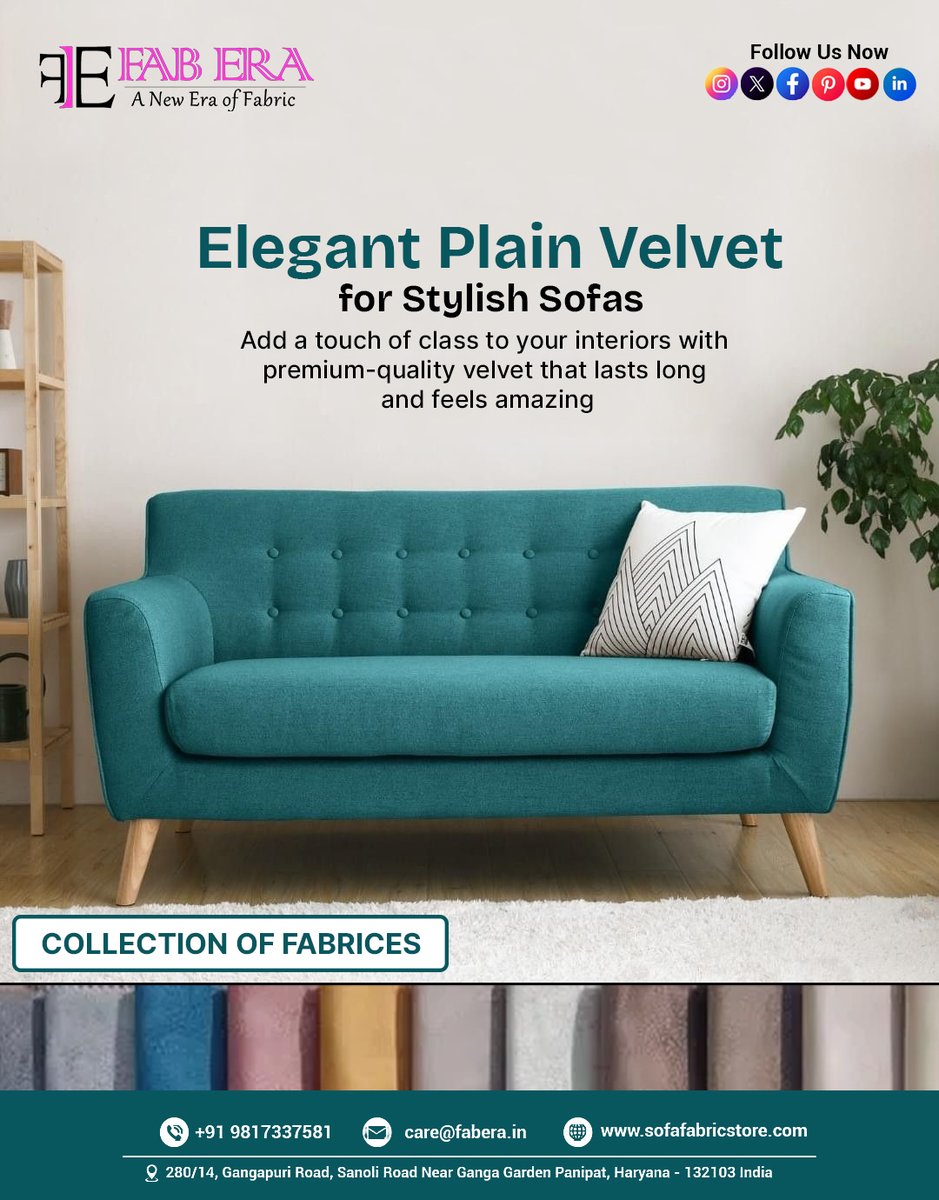 fabera_'s tweet image. Luxury you can feel, quality you can trust!
FABERA’s Elegant Plain Velvet adds richness, comfort &amp;amp; durability to every sofa.
Make your interiors unforgettable. 
🌐 sofafabricstore.com
📞 +91 9817337581
#Fabera #VelvetCollection #SofaFabric #InteriorDesign #LuxuryDecor
