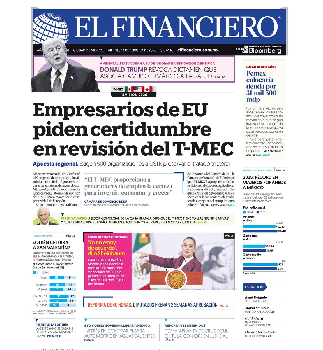 ¡Buen fin de semana! La primera plana de <a href="/ElFinanciero_Mx/">El Financiero</a> 👇🏼
📍 Empresarios de EU piden certidumbre en revisión del T-MEC
📍2025, récord de viajeros foráneos a México 
📍Pemex colocaría deuda en mercado local por 31 mil 500 mdp