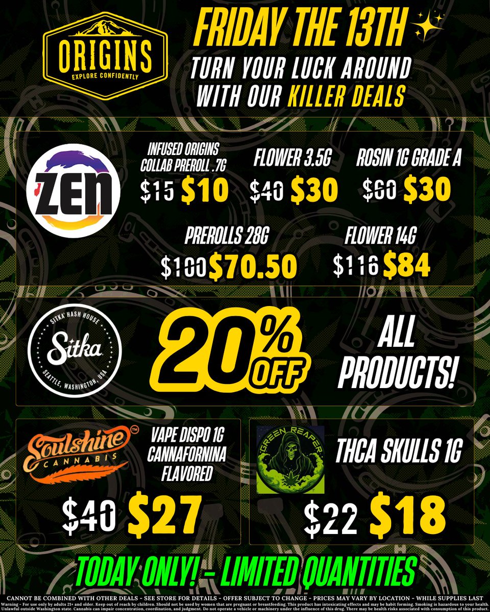 If you’re in Seattle or the Eastside… this is your sign 🖤
Friday the 13th pop-ups at Origins with #sweetwaterfarms + <a href="/EvergreenHerb/">Evergreen Herbal</a> Meet the farms, talk terps, grab something fresh.
#OriginsCannabis #SeattleCannabis #RedmondWA #RedmondCannabis #EastsideWA #SODO #SODOSeattle