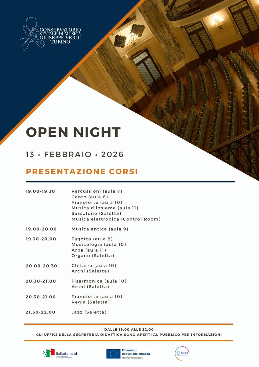 ConservatorioTo's tweet image. Open Night: l'appuntamento è per questa sera 13 febbraio a partire dalle ore 19. Verranno presentati alcuni corsi e sarà possibile rivolgere domande e ricevere informazioni sulle modalità di iscrizione al #ConservatorioTorino.
conservatoriotorino.eu