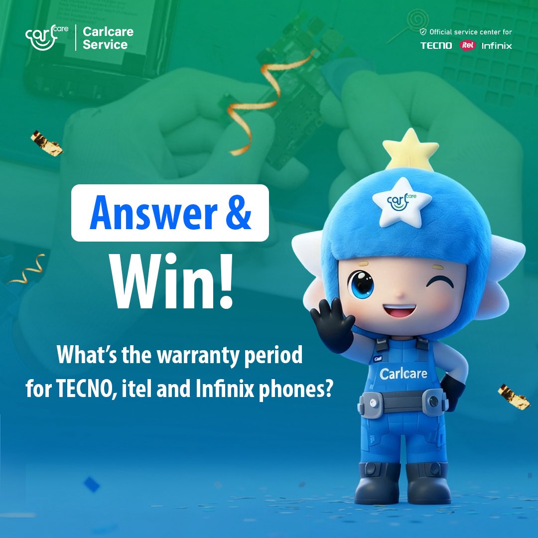 Carlcareug's tweet photo. 🎉 ANSWER & WIN! 🎁
What’s the warranty period for TECNO, itel & Infinix phones? 📱🤔
Comment below & stand a chance to WIN! 🎊
Follow, Like & RT
#Carlcare #AnswerAndWin #Warranty https://t.co/mxeS4PHxwU