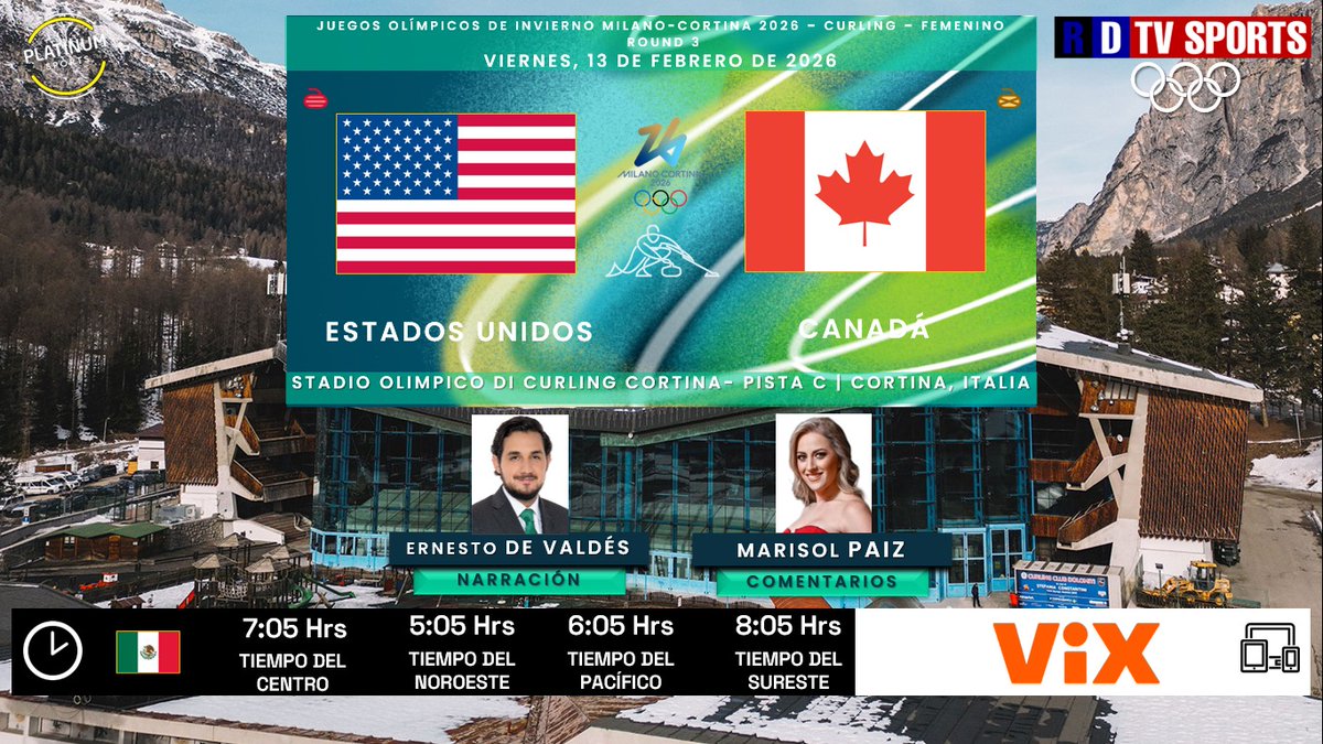 🇮🇹 #JuegosOlímpicos #MilanoCortina2026 🥌 #Curling Femenino Ronda 3 | 🇺🇸 #EstadosUnidos 🆚 #Canadá 🇨🇦

📅 Hoy
🇲🇽⏰ 7:05 Hrs, 5:05 Hrs TP
📱💻 <a href="/VIX/">ViX</a>
🎤 <a href="/edevaldes94/">Push De Valdés</a>
🎤 📝 <a href="/MarisolPaiz/">Masha Oficial</a>

🤳 #LaMagiaDeLosJuegos #OlympicGames #Olympics #WinterOlympics #USACAN