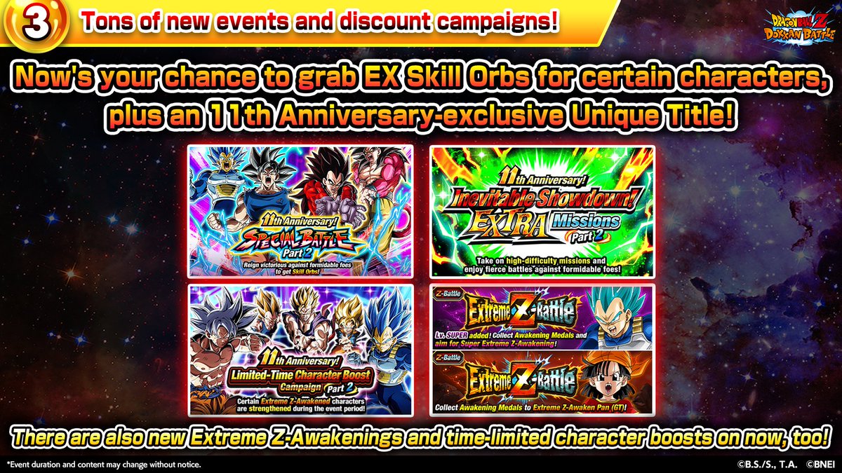 ◤￣￣￣￣￣￣￣￣￣￣￣

　　  #Dokkan11th
📢Recommended Events
　　　of the Week!

＿＿＿＿＿＿＿＿＿＿＿◢

The Campaign to celebrate
the 11th Anniversary is on!

Grab this chance
to enjoy DOKKAN BATTLE🔥

#RivalsUniteInDokkan
#dokkanbattle #dragonball