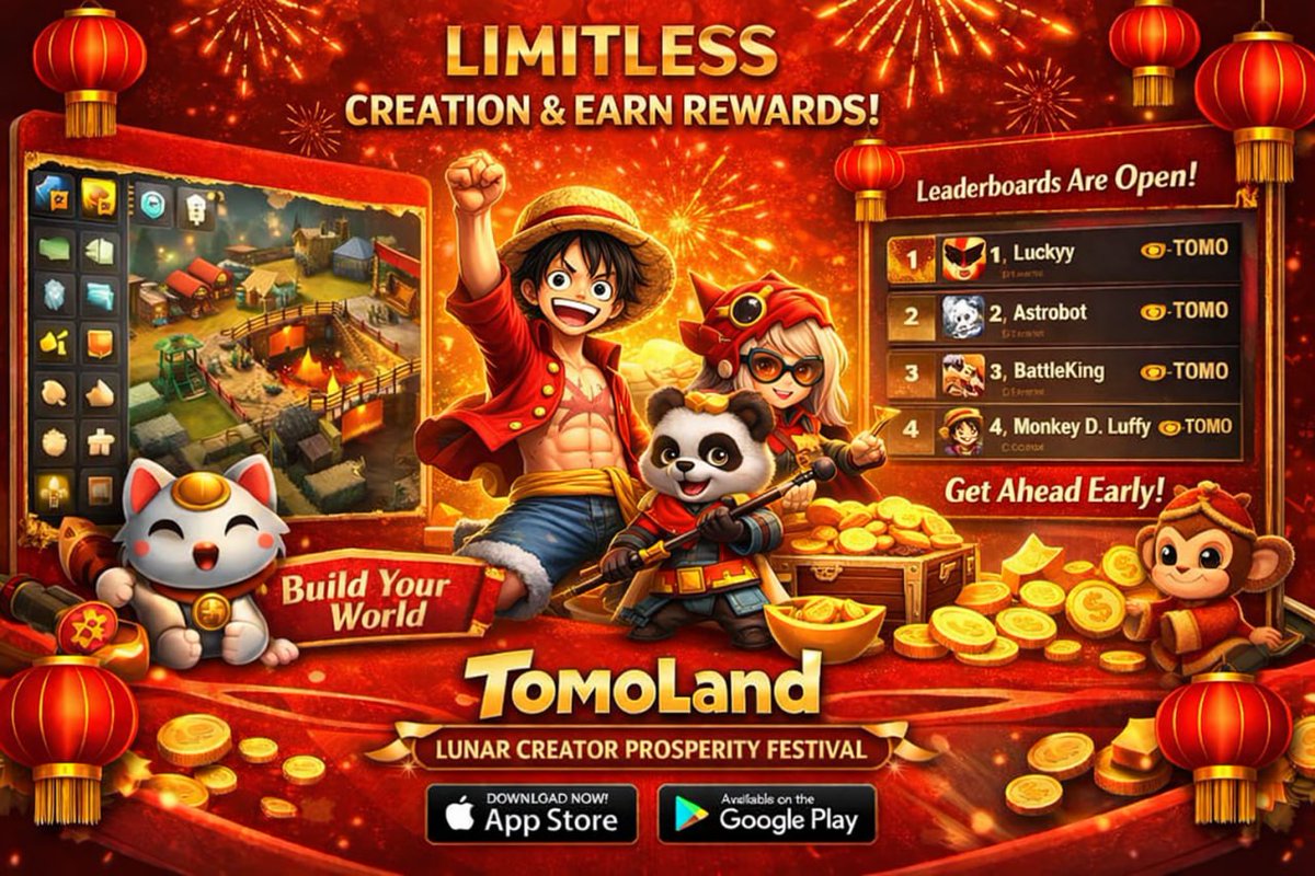 0xrupiah2020's tweet photo. Chinese New Year in @tomoland_app  isn't just a seasonal event. It's a time where players become creators.

Here, you don't just play. You build.
Create maps, characters, AI companions, and even interactive missions all without coding, all with the help of AI.

AI isn't an add-on feature.
It's a creative partner: helping with gameplay design, bringing NPCs to life, and creating challenges that follow trends.

Like competition? There's PvP and community challenges.
Like creativity? Your content can be played by others.

And most importantly, engagement = value.
Through the creator mechanism and xTOMO, your ideas can have their own economy.

Tomoland transforms players from consumers to world builders and IP owners.

Early entry = greater visibility, stronger leaderboard opportunities, and a more mature ecosystem position when NFTs, prediction markets, and Web3 integrations open.

This isn't just a game.
This is a creative economy you can build from scratch.

Chinese New Year, a new beginning.
Build your world in Tomoland.

👉Donwload App:
•IOS: https://t.co/ZzlMbneZuD
•Android: https://t.co/Q5Da9zl04Y

👉Official: 
•Tiktok: https://t.co/Ym6YVEa3jA
•YouTube: https://t.co/zoVpJAiCru 

@tomoland_app  @TheCreatorFi 
#TomoProsperity