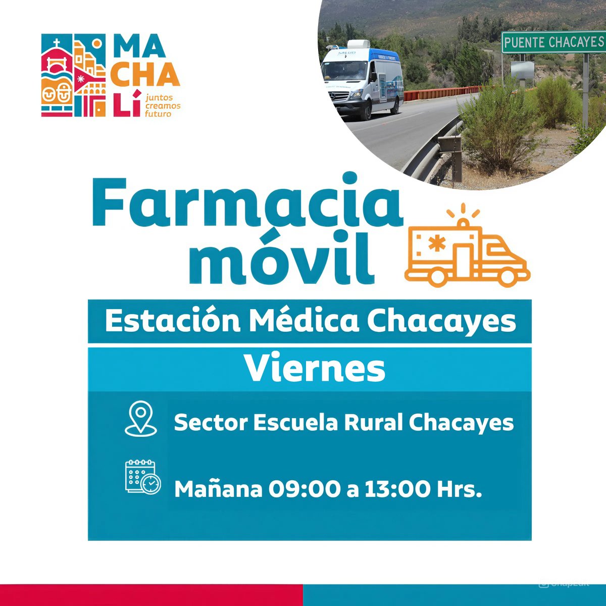 📢 ¡Este viernes, la Farmacia Móvil de Salud #Machalí estará atendiendo en la Estación Médica #Chacayes!

💊 Accede a medicamentos a bajo costo.

🕘 Horario: 9:00–13:00 Hrs.

¡Aprovecha esta oportunidad para acceder a tus medicamentos más cerca de tu hogar! 💊