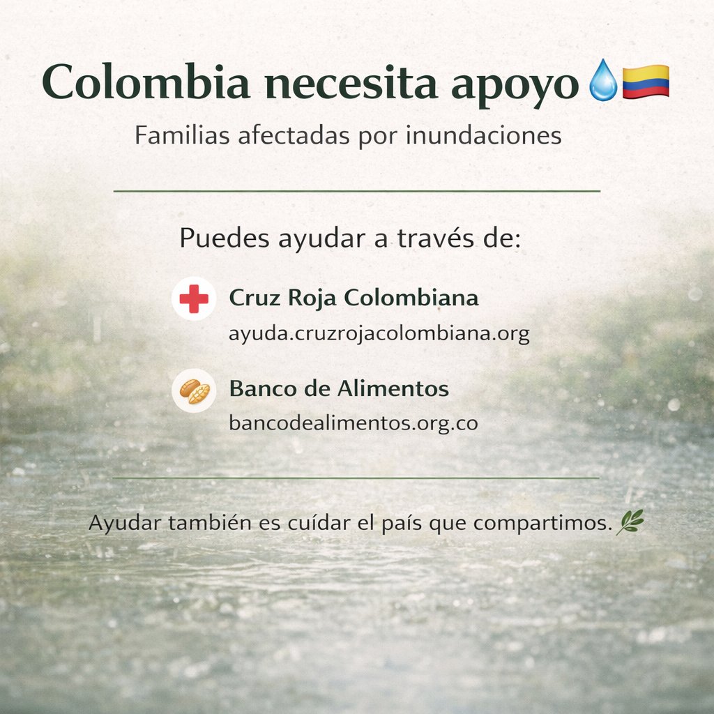 🌧️🇨🇴 Miles de familias están afectadas por las inundaciones en el norte del país.
¿Quieres ayudar? 🤝
💚 Cruz Roja: ayuda.cruzrojacolombiana.org
🥫 Banco de Alimentos: bancodealimentos.org.co
La solidaridad también es energía que transforma. 💛
#EmergenciaColombia #Solidaridad