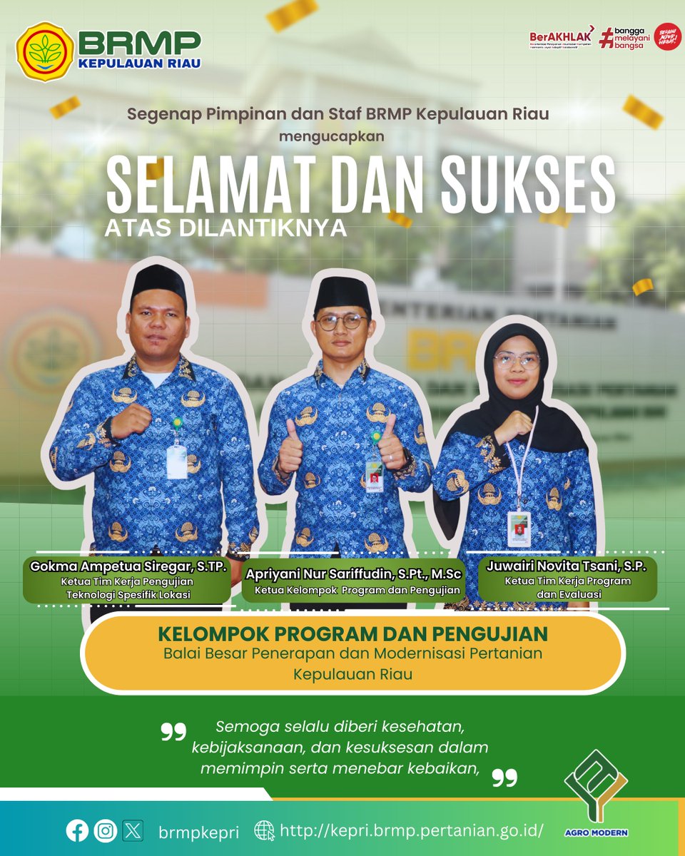 brmpkepri's tweet image. Segenap Pimpinan dan Keluarga BRMP Kepulauan Riau mengucapkan selamat dan sukses atas dilantiknya Pejabat Administrator dan Pengawas, Pejabat Fungsional, Ketua Kelompok dan Ketua Tim Kerja BRMP Kepri

#Brmpkementan #brmpkepulauanriau #berakhlak #pelantikan  #swasembadapangan