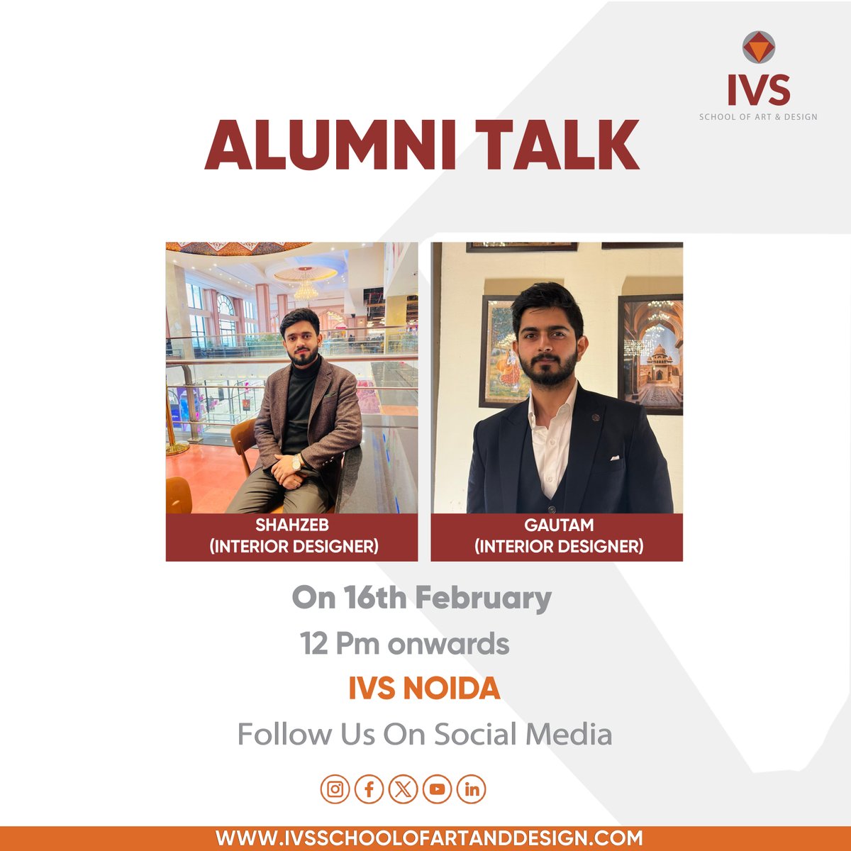 IVS School of Art &amp; Design welcomes alumni Shahzeb and Gautam at IVS Noida for an inspiring interaction with Interior Design students — sharing real industry insights, challenges &amp; creative journeys
📅 16 Feb | ⏰ 12 PM
📍 Sector 2, Noida
#IVSNoida