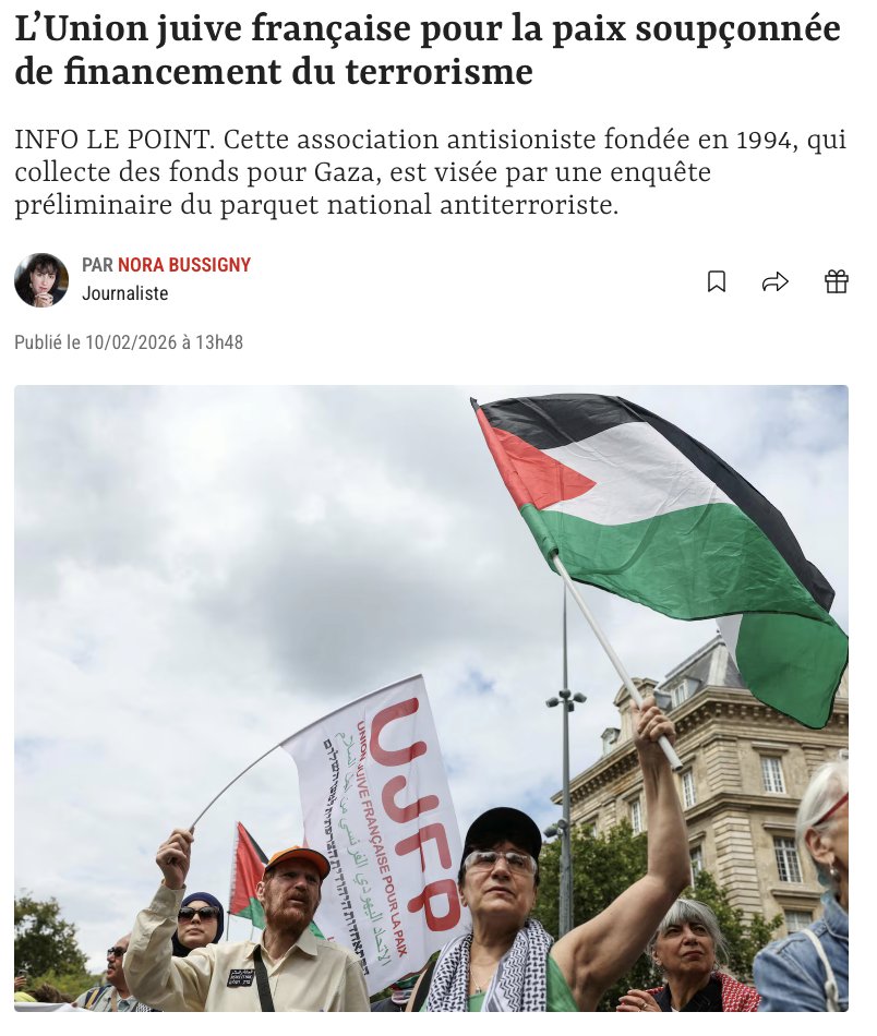Bonjour camarade @FaureOlivier,
Te rends-tu seulement compte que l'UJPF (pro-Hamas), que visiblement tu soutiens mordicus face à nos adversaires politiques, est soupçonnée de financement du terrorisme au point qu'une enquête préliminaire du parquet national antiterroriste est