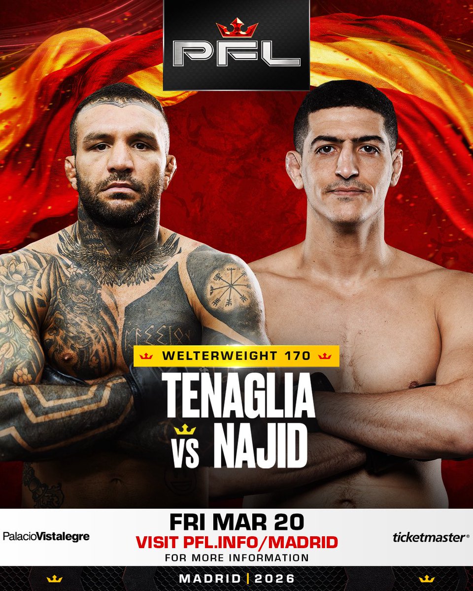PFLEurope's tweet image. 𝙎𝙀𝙏 𝙁𝙊𝙍 𝙈𝘼𝘿𝙍𝙄𝘿! ⚔️ 

Franco Tenaglia’s opponent for his PFL debut is French submission specialist Yassin “The Scientist” Najid!

Tickets are on sale NOW!
🎟️ pfl.info/madrid

#PFLMadrid 🇪🇸 Friday, March 20
Palacio Vistalegre | Madrid, Spain