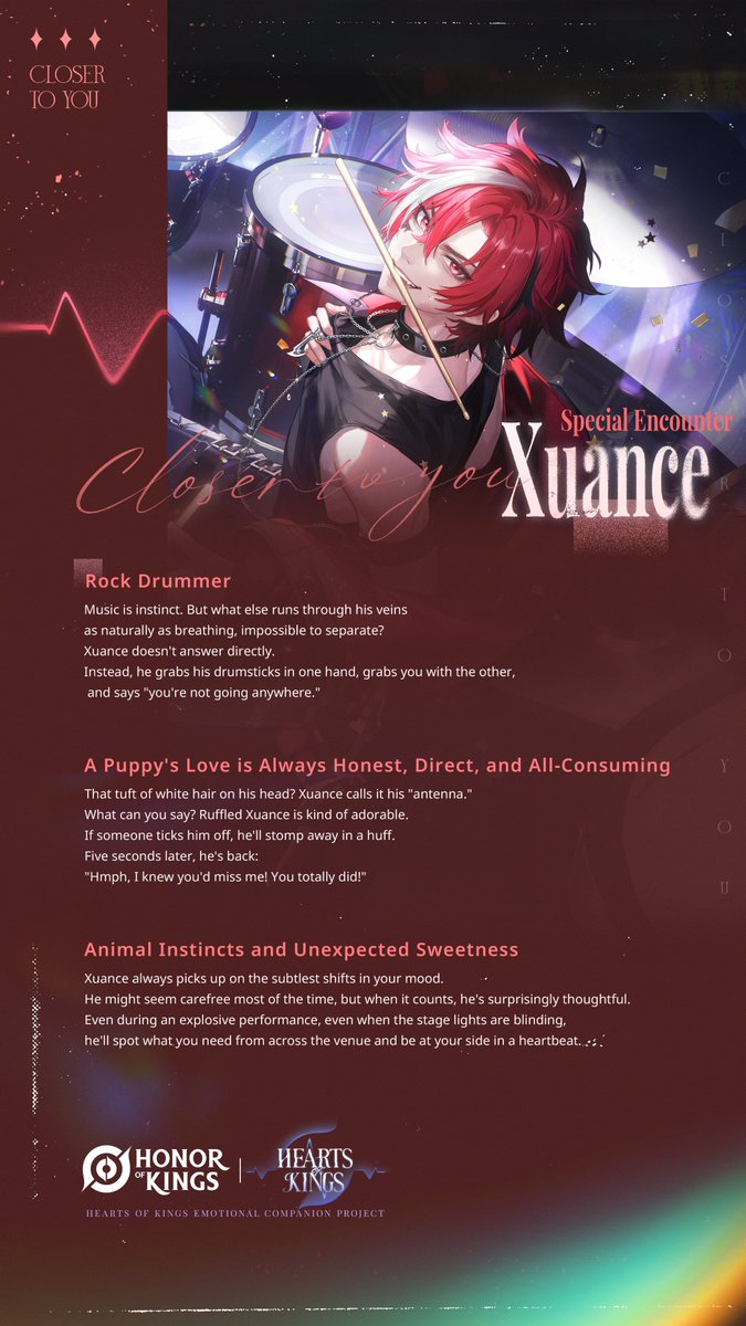 Heartsofkings_'s tweet photo. Heart-Flutter Profile | "Special Encounter" Xuance
ata loading...
Name: Xuance
Role: Rock Drummer
Age: 20
Birthday: August 24th
...
Learn more about him
through your future encounters.

#HeartsofKings #HonorofKings #Xuance https://t.co/OMALqPeywX