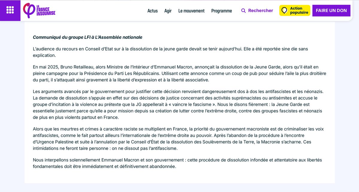 🔴🇫🇷 𝗔𝗟𝗘𝗥𝗧𝗘 𝗜𝗡𝗙𝗢 — Voici le communiqué publié il y a 48h par le groupe LFI soutenant la Jeune Garde :

« Nous le disons fièrement : la Jeune Garde est essentielle parce qu’elle a pour mission depuis sa création de lutter contre l’extrême droite, contre des groupes