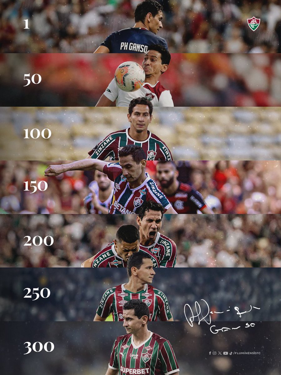 Sete anos, 3️⃣0️⃣0️⃣ jogos, muitos títulos e o amor da torcida Tricolor. 

A história de <a href="/phganso/">Paulo Henrique Ganso</a> com o Fluminense ganhou mais um capítulo na noite de ontem, mais uma vez com vitória. Gigante, ídolo! Parabéns pelo jogo 300! #PHGanso300