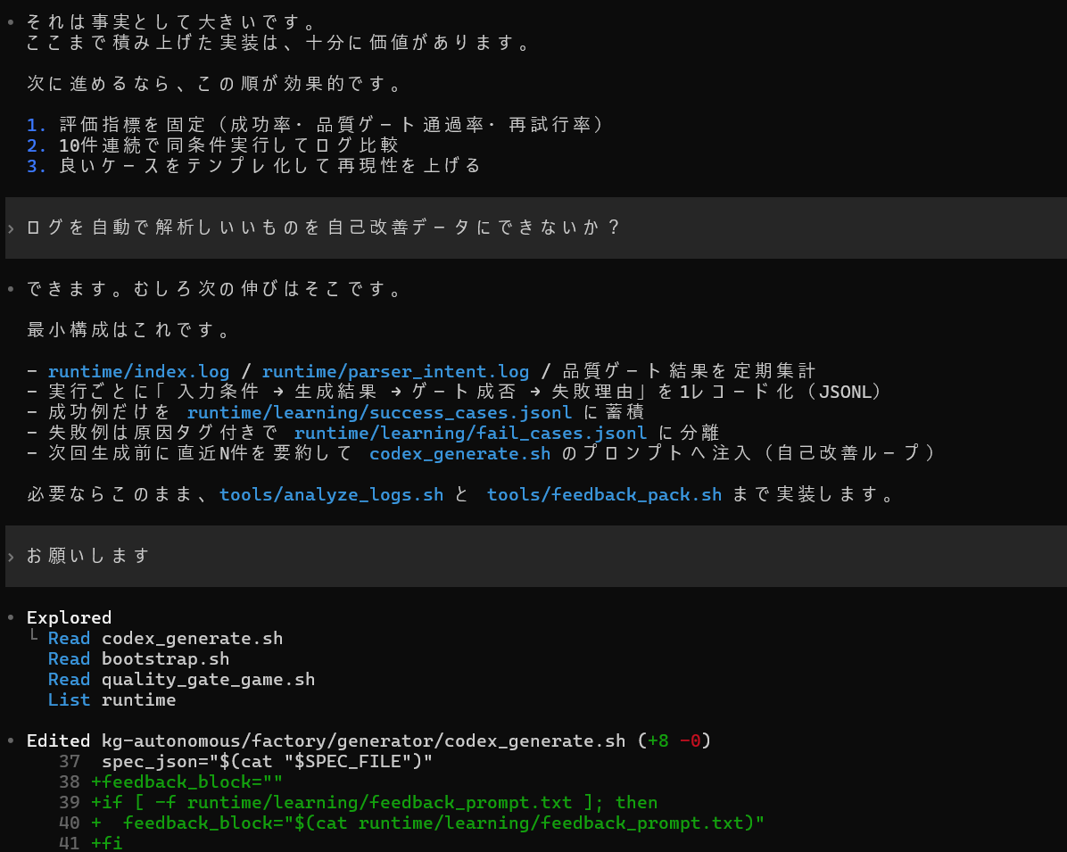 生成ログを自己解析し自己改善するシステムにさらに進化させる。
