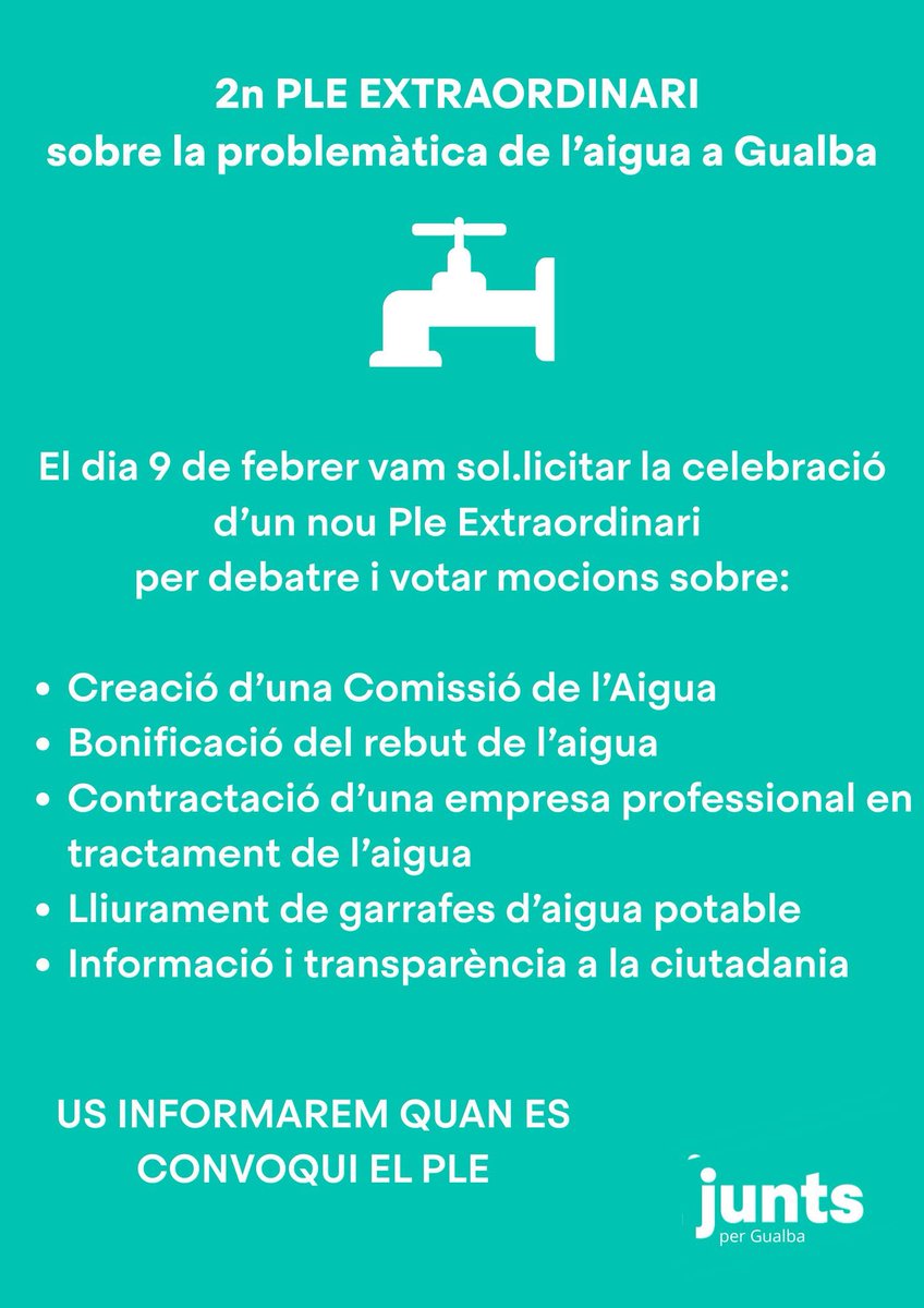 JuntsperGualba's tweet photo. El dia 9 de febrer, com a resultat de debats i reunions amb ciutadans i ciutadanes de Gualba, vam sol·licitar la celebració d’un segon Ple Extraordinari sobre la problemàtica de l’aigua potable a Gualba.
Us informarem quan es decideixi la data de celebració d’aquest ple municipal https://t.co/BUBSoxUsan