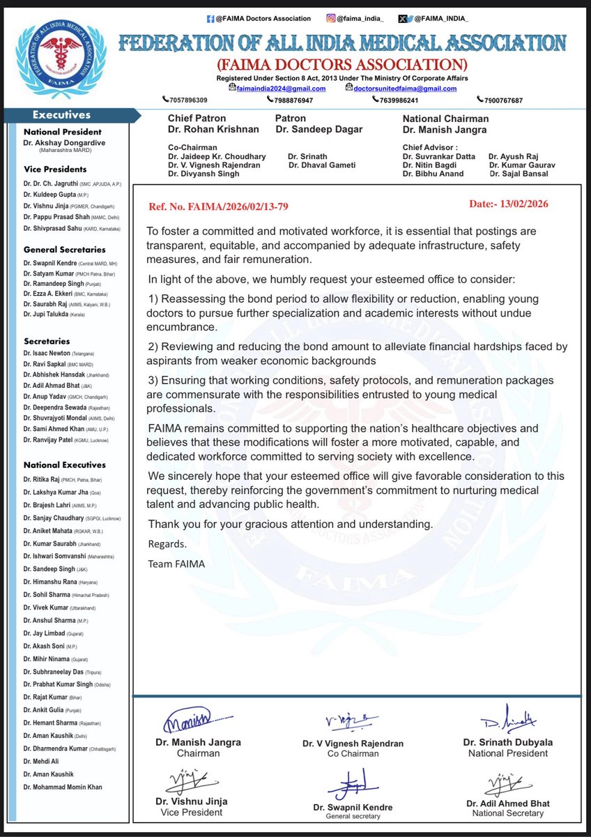 FAIMA_INDIA_'s tweet photo. FAIMA urges Haryana Govt to revise the medical service bond policy: reduce bond duration &amp; amount, improve working conditions &amp; incentives for young doctors. A step towards fostering motivated healthcare professionals for better public health. #MedicalPolicy #Haryana" https://t.co/JMO2JRdAAb