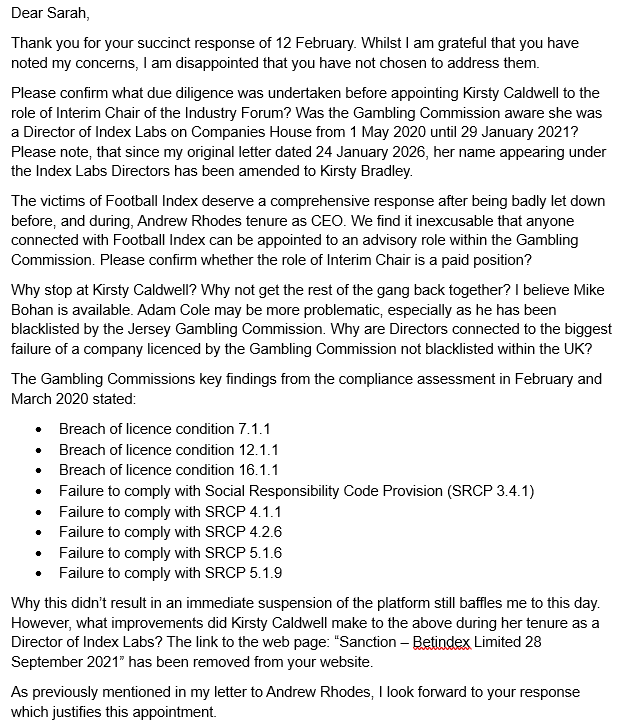 Zidave1's tweet photo. My slightly more comprehensive response to the acting CEO of @GamRegGB regarding their controversial choice of an ex #footballindex Director to lead their Industry Forum panel. https://t.co/WVjok2UfvL
