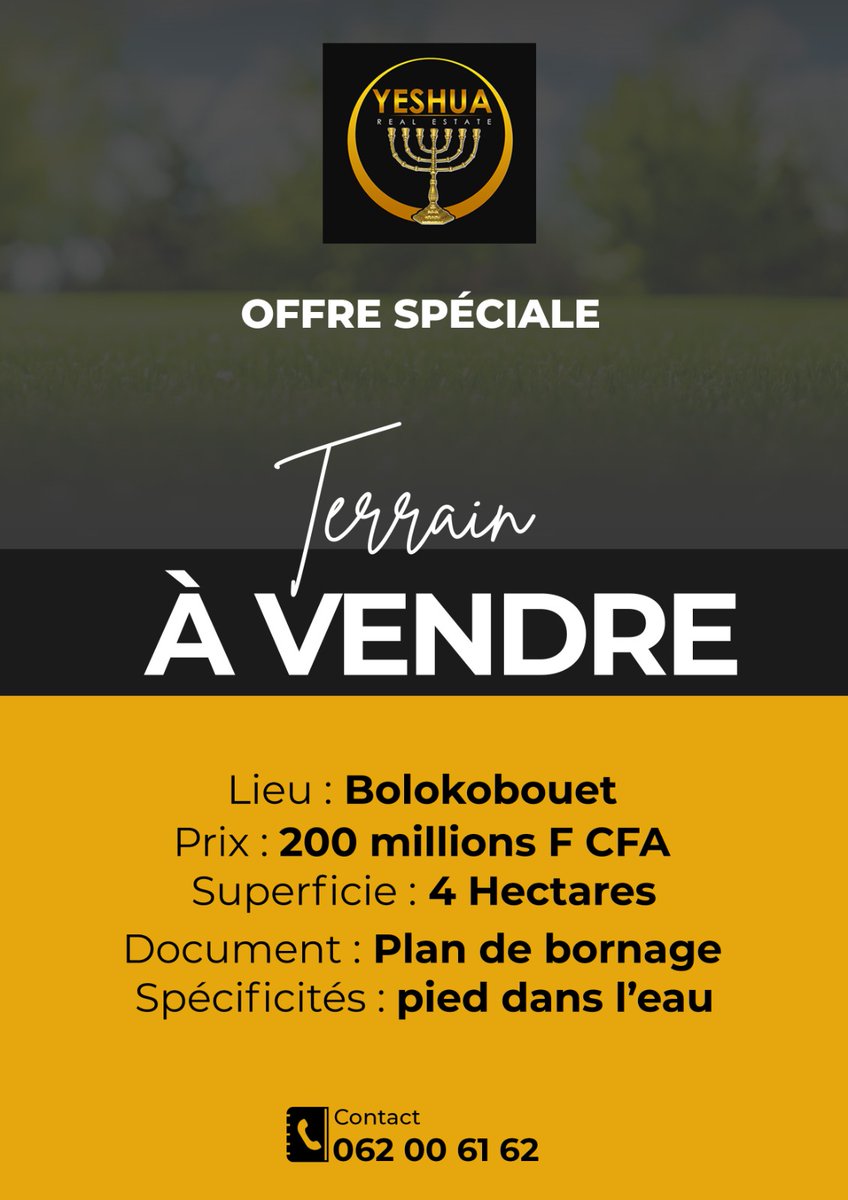 TERRAIN A VENDRE 
BOLOKOBOUET 
200 000 000 FCFA 
4 HECTARES 
PIED DANS L'EAU 
PLAN DE BORNAGE 
#immobilier Haut Standing 
#immobilier de Luxe
#immobilier sur mesure
#immobilier "Haute Couture"
Nous democratisons le Luxe
#Gabon 
#promotionimmobiliere 
#fepig 
#yeshuarealestate