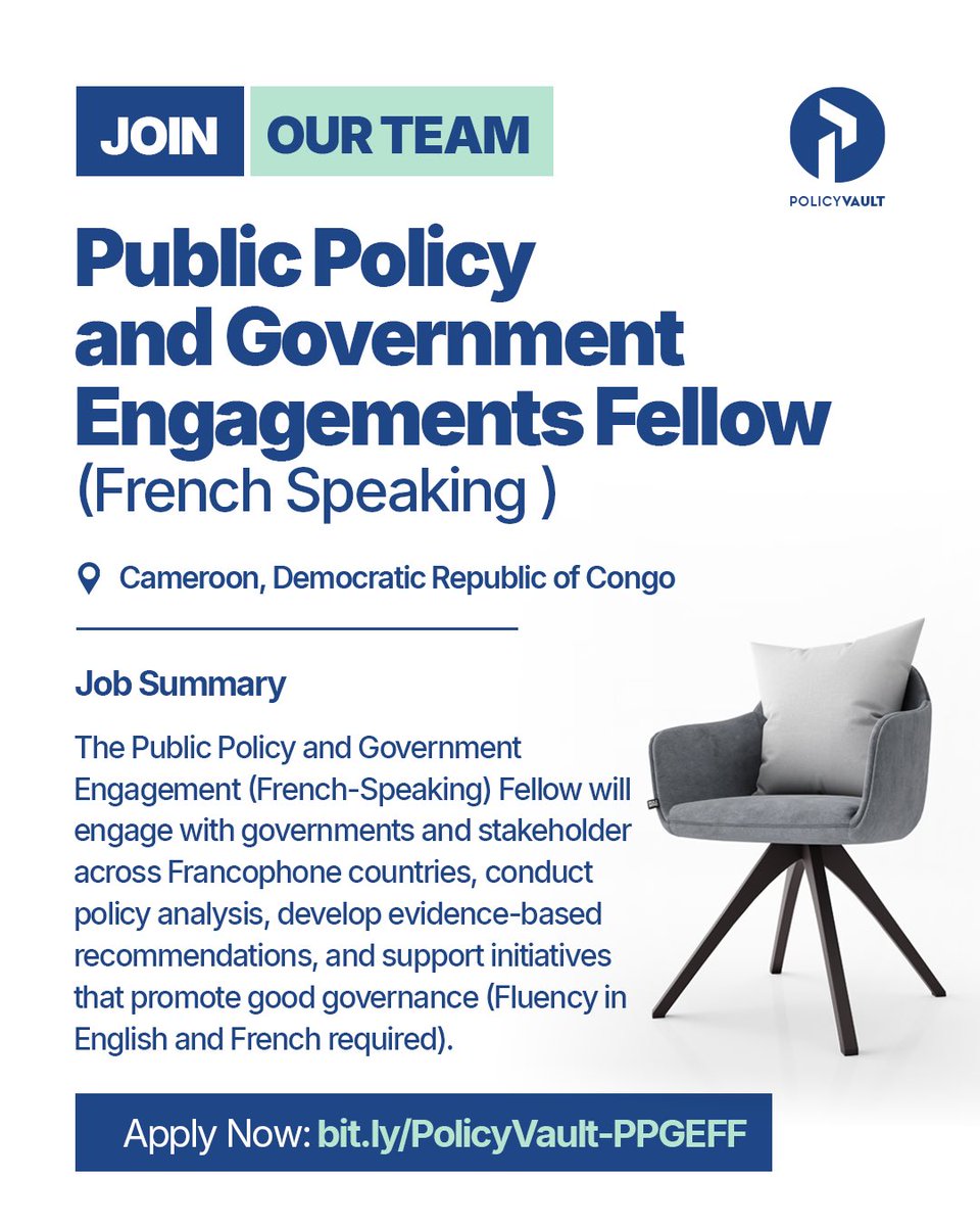 afr_policyvault's tweet photo. Exciting Opportunity: Join Policy Vault Africa as a Public Policy and Government Engagements Fellow (French-Speaking)

Learn more and apply at Learn more and apply at https://t.co/ieKB6hQrBv  

#policyvault #fellowshipprogram #africanopportunity #changemakers https://t.co/Qz2BoK91Fj