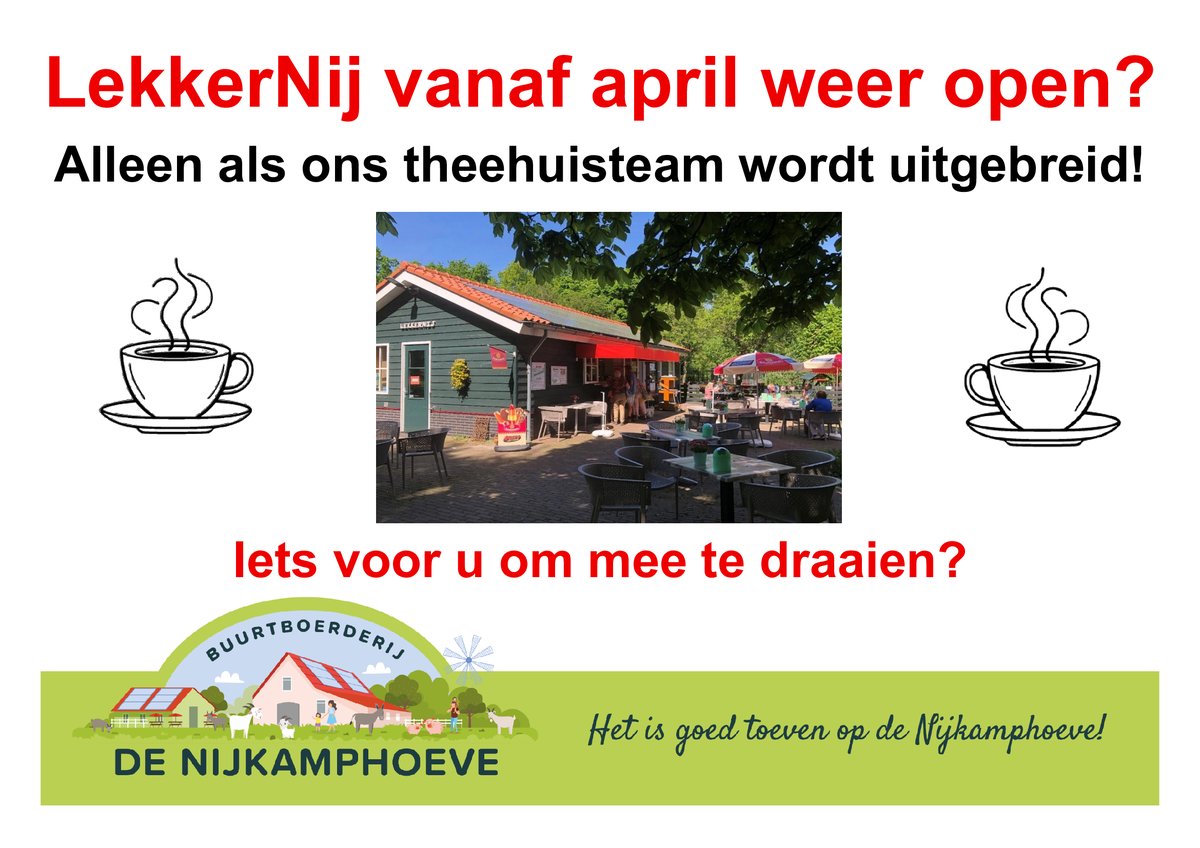 Vindt u het ook zo leuk om in de lente of de zomer op ons terras te genieten van b.v. koffie met gebak? Dat kan alleen dankzij die vrijwilligers die LekkerNij draaiende houden. En dat team heeft nieuwe leden nodig. Iets voor u? Kijk eens op  nijkamphoeve.nl/uploads/images… <a href="/DenHaagDoet/">DenHaagDoet</a>