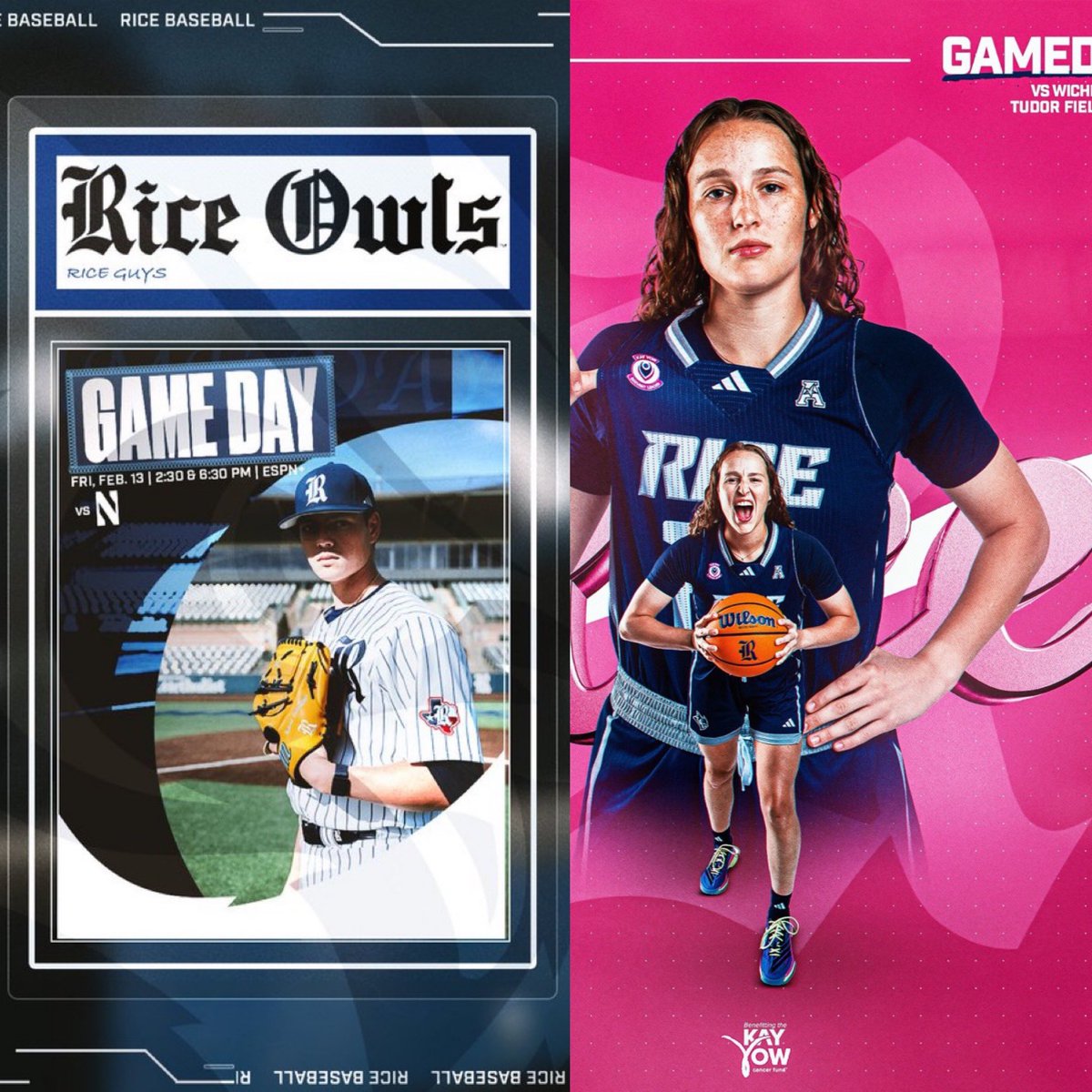 Let’s have a day on <a href="/ESPNPlus/">ESPN+</a>!

First, Opening Day! <a href="/RiceBaseball/">Rice Baseball</a> &amp; <a href="/NUCatsBaseball/">Northwestern Baseball</a> from Reckling with <a href="/Kyle_Rogers16/">Kyle Rogers</a> at 2:30. 

Then <a href="/RiceWBB/">Rice Women’s Basketball</a> looks to keep the winning streak going as they welcome <a href="/GoShockersWBB/">Wichita State Women’s Basketball</a> at 7 with <a href="/austyniven/">Austyn Iven</a> &amp; <a href="/dchrisabby/">Abby Christopherson</a>.