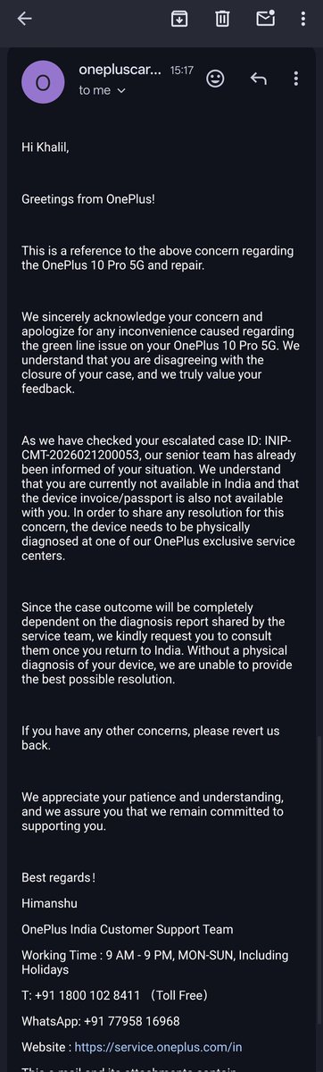 KhalilKhyari's tweet image. NO TRUST! @OnePlus_IN senior team (Case INIP-CMT-2026021200053) cycles 5 agents but still demands I fly 5k miles for #GreenLine!. 360° photos prove the defect, yet you ignore evidence. Stop the drama and Fix this! @OnePlus @CarlPei @geekyranjit #OnePlusScam