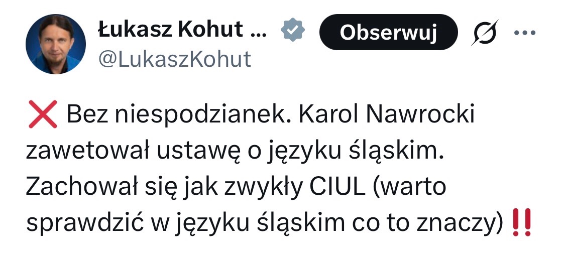 Donaldzie Tusk <a href="/donaldtusk/">Donald Tusk</a>, wspierając inicjatywy ustawodawcze rozwalające naszą śląską wspólnotę zachowałeś się jak zwykły CIUL. Sprawdź sobie w gwarze śląskiej, co to znaczy.

Skoro Pański pupil wyzywa tak ludzi, to i Pana - jak rozumiem - można? To są Wasze, platformiane