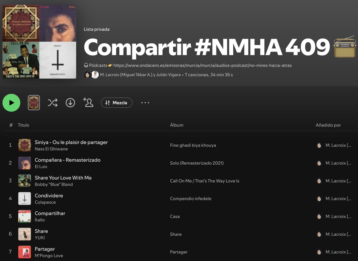 Gracias🙏🏼 por escuchar🎧 el pódcast🎙(≈15’’) del #NoMiresHaciaAtrás nº 409📻, especial #Compartir🤗, con música por: #NassElGhiwane #ElLuis #BobbyBlueBland #Colapesce #Ítallo #YUKI #MPongoLove… ojalá te agrade.

👂👉 bit.ly/NoMiresHaciaAt…