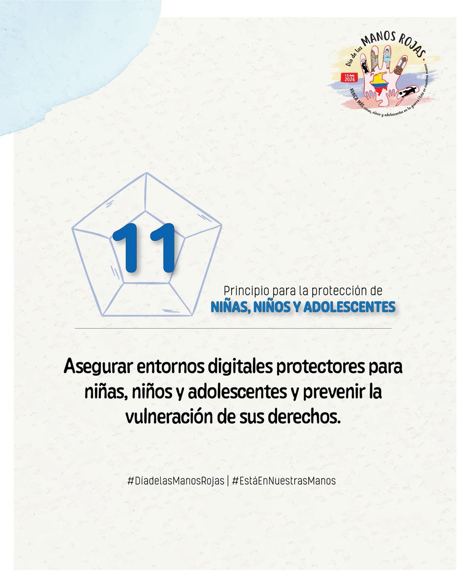 TdHSColombia's tweet photo. #EstáEnNuestrasManos #DíadelasManosRojas asegurar que los contenidos e interacciones en redes sociales se conviertan en espacios digitales seguros para NNA. Los actores armados utilizan estos medios para llamar su atención, situación que los pone en riesgo y vulnera sus derechos. https://t.co/9Olr4GHHtf