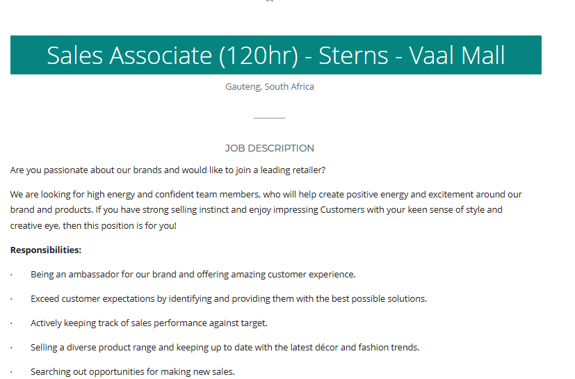 Job Alert!!!

Company: TFG Jewellery
Position: Sales Associate
Location: Gauteng, South Africa
Click here to apply: spanihunter.co.za/single-job/?id…
Closing Date: 13/02/2026

Please refer to the picture for more info