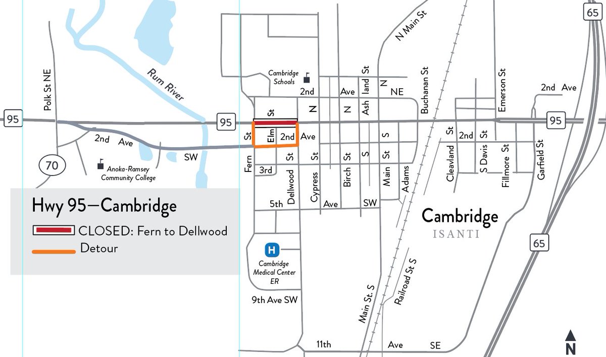 Cambridge, ISANTI COUNTY: Hwy 95 closed from Fern St to Dellwood St for City watermain repairs Fri (2/13). Detour: Use Fern St, 2nd Ave, Dellwood. ✔️511mn.org for updates