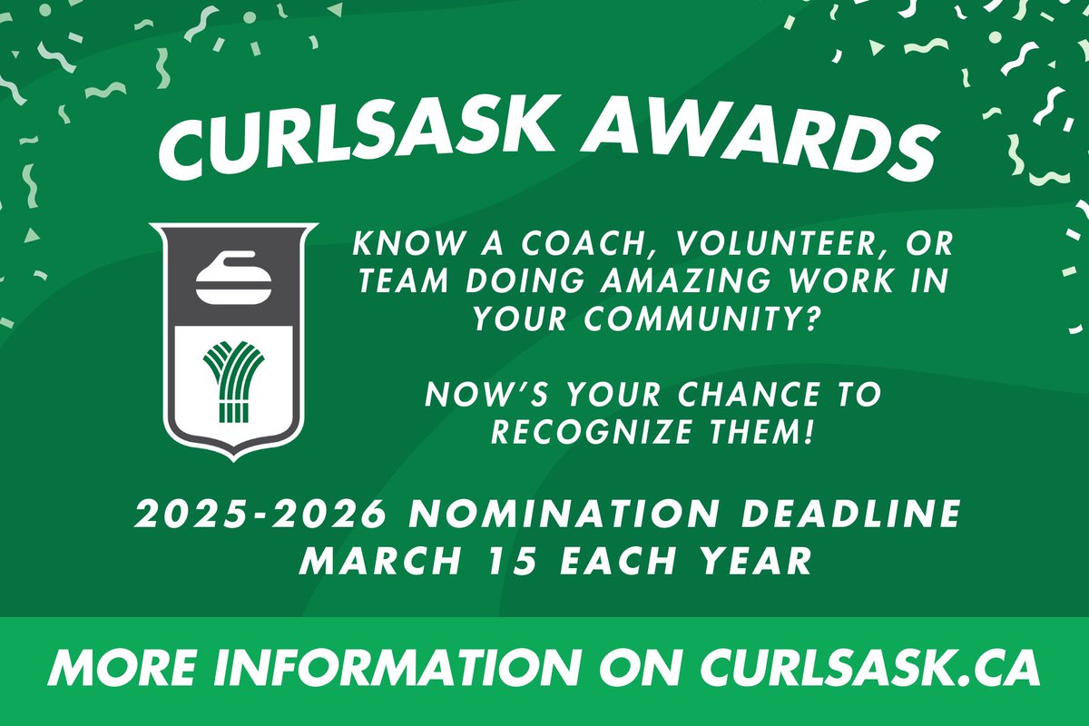 Know a coach, volunteer, or team doing amazing work? Nominate them! 🏆

🟢 Annual Awards - Coach, Volunteer, Team of the Year (Deadline: March 15)

🟢 Legends Hall of Fame - Athlete, Builder, Team (always open)

All celebrated at our Awards Gala 👏
🔗 curlsask.ca/about/awards