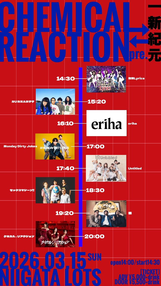 eriha_official's tweet photo. 【 ���イテ公開 】

2026年03月15日(日)
会場:新潟LOTS

ケミカル⇄リアクションpresents
「一新紀元〜後編〜」

▪️ケミカル⇄リアクション
▪️Untitled
▪️泡沫Lyrics
▪️eriha
▪️カリカヌル女子子
▪️セックスマシーン!!
▪️鶴
▪️Monday Dirty Jokes

🎫チケット購入はこちら▼
https://t.co/qm66GGEJ8a https://t.co/VB0RcCoJtE