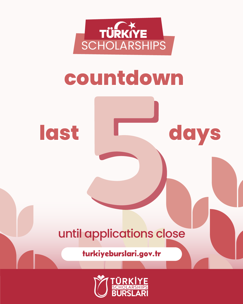TurkiyeBurslari's tweet photo. 💻Have you completed your application yet❓

Only 5️⃣ days left for the applications. 

Please don't forget to upload all the required documents.

📆 Deadline: 20 February 2026

👉 https://t.co/1qc6NcJB5L

#TürkiyeScholarships #StudyinTürkiye #AimForHigher #FirstClassScholarship https://t.co/3EehM0ppb1