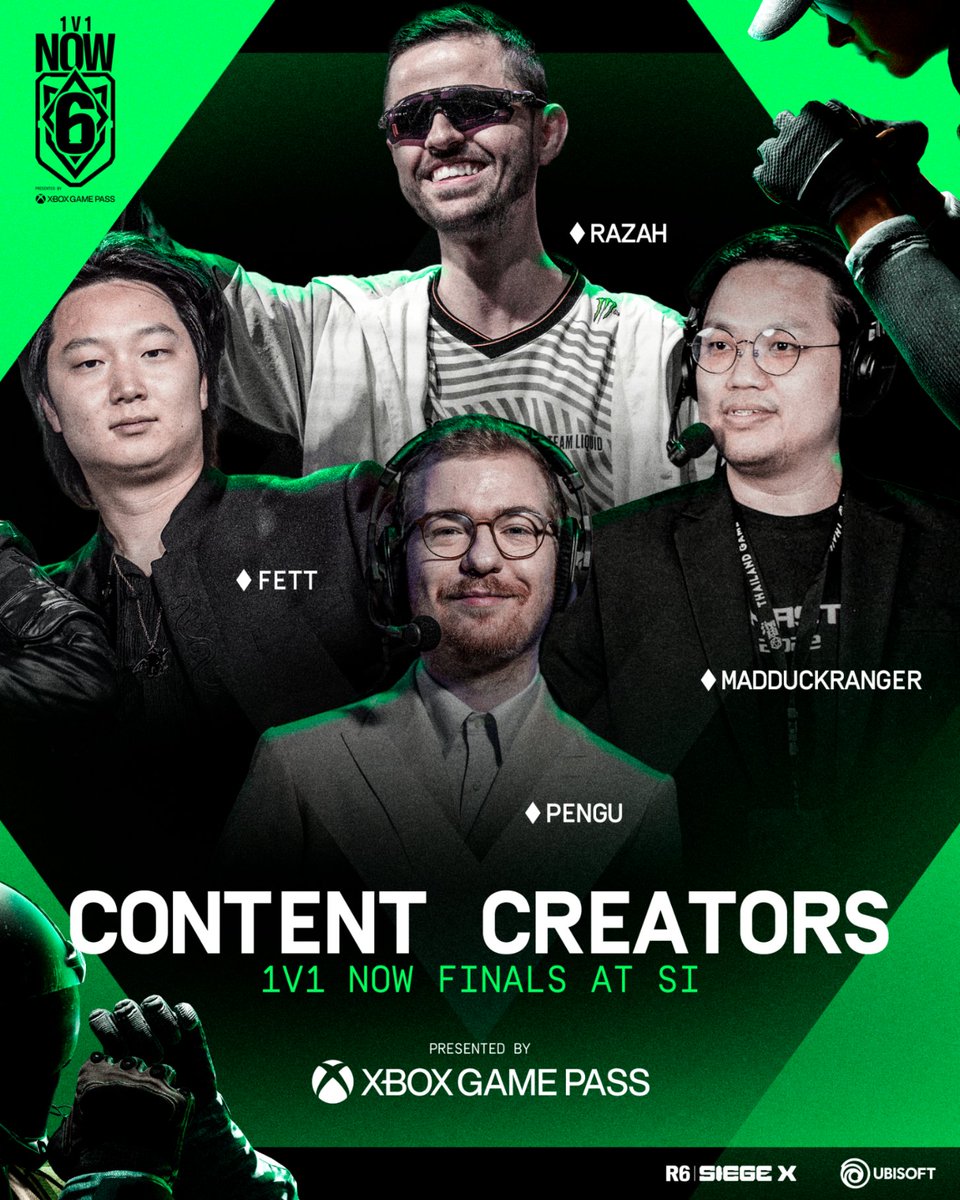 R6esports's tweet photo. 4 casters for 4 regions 🎤

The 1V1 NOW finals will be presented by @Pengu @fettR6S @RazaHR6 @vorn_vornteen https://t.co/gSlIFIk5W4