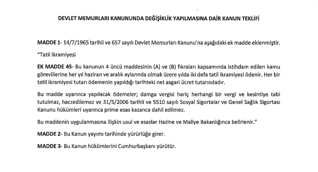 MEMURA İKİ İKRAMİYE VERİLMESİ HAKKINDA KANUN TEKLİFİ TBMMYE 9 ŞUBAT'TA SUNULDU.

CHP MİLLETVEKİLİ AYHAN BARUT TARAFINDAN SUNULAN TEKLİFTE HAZİRAN VE ARALIK AYLARINDA MEMURA ASGARÎ ÜCRET TUTARINDA İKRAMİYE VERİLMESİ İSTENİYOR 

<a href="/AyhanBarut01/">Ayhan Barut</a>