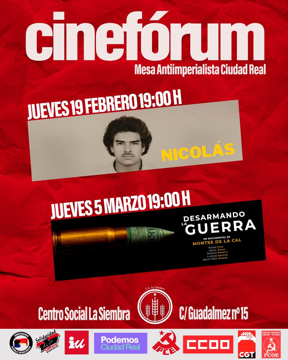 Desde el PCE en Ciudad Real animamos a la militancia y también a todo simpatizante a participar en el cinefórum organizado por la Mesa antiimperialista de Ciudad Real.

Dónde: CS La Siembra.
Cuándo: 19 de febrero y 5 de marzo, a las 19:00.

lamancharoja.com/el-partido-com…

#CiudadReal