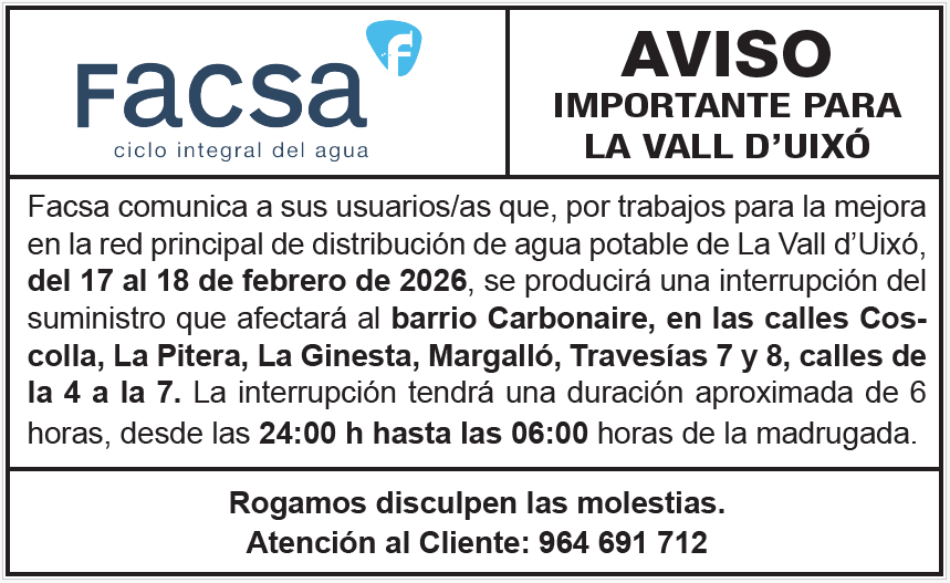 Facsa_es's tweet photo. ⚠️ AVISO #LaValldUixó: mañana 17/02, por trabajos de mejora en la red, se producirá un corte de suministro. Disculpen las molestias. #Facsa
@ajlavallduixo https://t.co/qBAKt26vaP