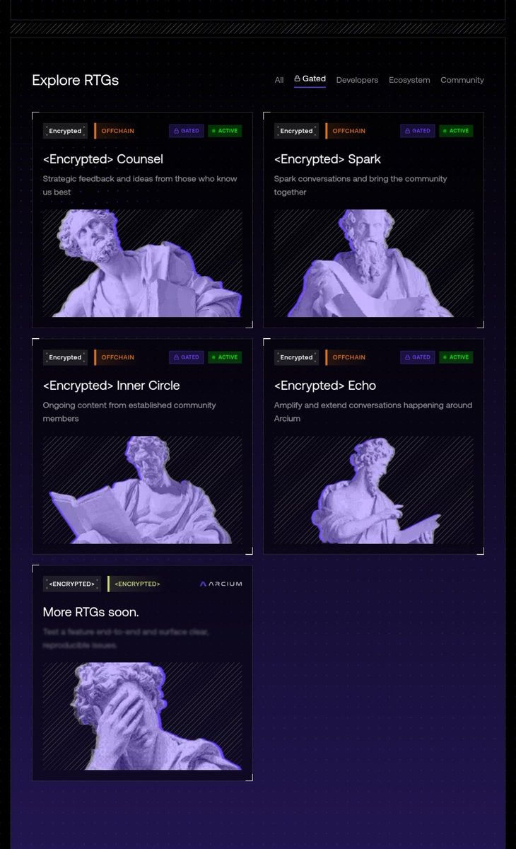 bestnftseen's tweet photo. Breaking 👀☂️
Arcium ☂️ Gated RTGs is not live!!!

What Are the "Gated" Arcium RTGs?

The directory has a dedicated Gated section (all currently off chain and active). 

These are exclusive opportunities reserved for the most dedicated early contributors  specifically users who qualified in Wave 1 and received the "Esteemed" role in the official Arcium Discord.  
Examples include high level tasks like <Encrypted> Counsel (strategic feedback and ideas from those who know the project best). 

The Esteemed role also unlocks other perks and "gated mainnet alpha" access on the RTG platform. Gated RTGs are explicitly for the project's strongest, longest-aligned community members. @Arcium

How to Position for RTGs (Including Gated Ones)RTGs reward sustained, verifiable impact over time  not one-off actions. 

Here's the practical playbook:Check your current status immediately
Go to https://t.co/iisBiwq6iz 
→ connect Discord + Solana wallet.  If you see Wave 1 eligibility 
→ you should have  the Esteemed role 
→ full access to gated RTGs.  

If ineligible in Wave 1 
→ Wave 2+ is still open.

For Gated RTGs (highest tier access)  You generally need the Esteemed role (tied to Wave 1 eligibility).  

If you missed Wave 1, focus on Wave 2 by maximizing visibility of your contributions now (see below). 

The team has indicated gated opportunities will continue to open for top community members.
General positioning (open RTGs + future waves)  Stay highly active in Discord ("Under the Umbrella" program, missions, adventures, calls, helping others).  

Complete listed RTG tasks in the directory:  
Developers → Build private perps, blind auctions, tools, or apps on Arcium (Mainnet Alpha is live ship real things).  

Ecosystem/Community → Create content/translations in your language, document use cases, give feedback, run local events, etc.

On-chain actions → Connect multiple wallets (increases claim strength for eligible users) and interact with the network.  

Build real value → Launch infrastructure, provide critical product feedback, create meaningful utilities, or champion the "encrypted supercomputer" vision.  
Be consistent  because The system uses manual reviews, AI detection, and pattern analysis to filter sybils,

Note; Multiple waves are coming ongoing high quality contributions can still qualify you for later announcements.  

Claims happen at TGE (details TBA).  
Read the official disclaimers on the RTG site — nothing is guaranteed.

Gmpcccccc ☂️👀