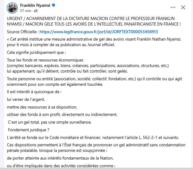 URGENT : Gel des avoirs de Franklin NYAMSI par arrêté France ! 

Les RATS bleu blanc rouge n'aiment pas les noirs, c'est connu et historiquement sourcé et démontré ! 

SE battre pour la LIBERATION DES NOIRS en Afrique est un crime pour les rats de France qui vivent en parasite !