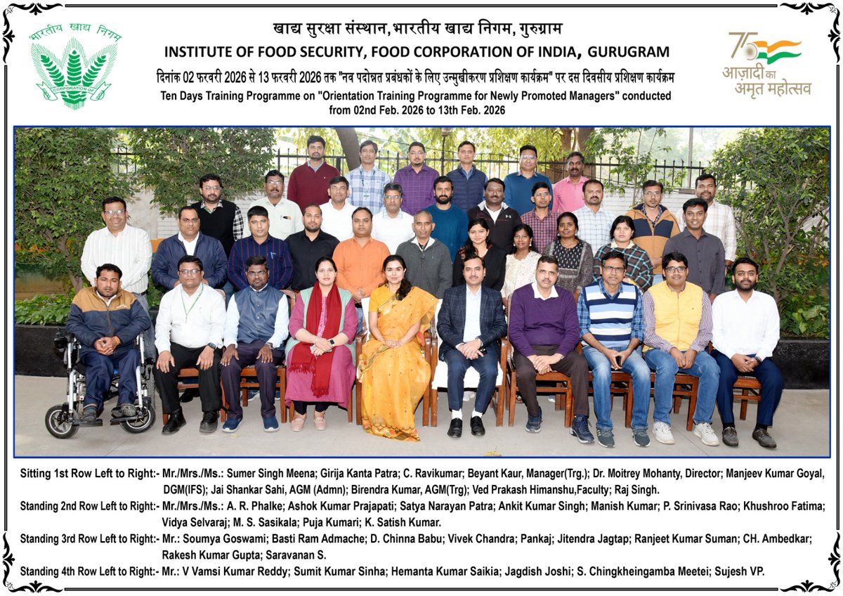 भारतीय खाद्य निगम के 31 अधिकारियों ने दिनांक 02.02.26 से 13.02.26 तक “नव पदोन्नत प्रबंधकों के लिए उन्मुखीकरण प्रशिक्षण कार्यक्रम” में उत्साहपूर्वक भाग लिया जो केवल कौशल विकास नहीं, बल्कि नेतृत्व क्षमता, उत्तरदायित्व और राष्ट्र की खाद्य सुरक्षा को और अधिक सशक्त बनाने का संकल्प है।