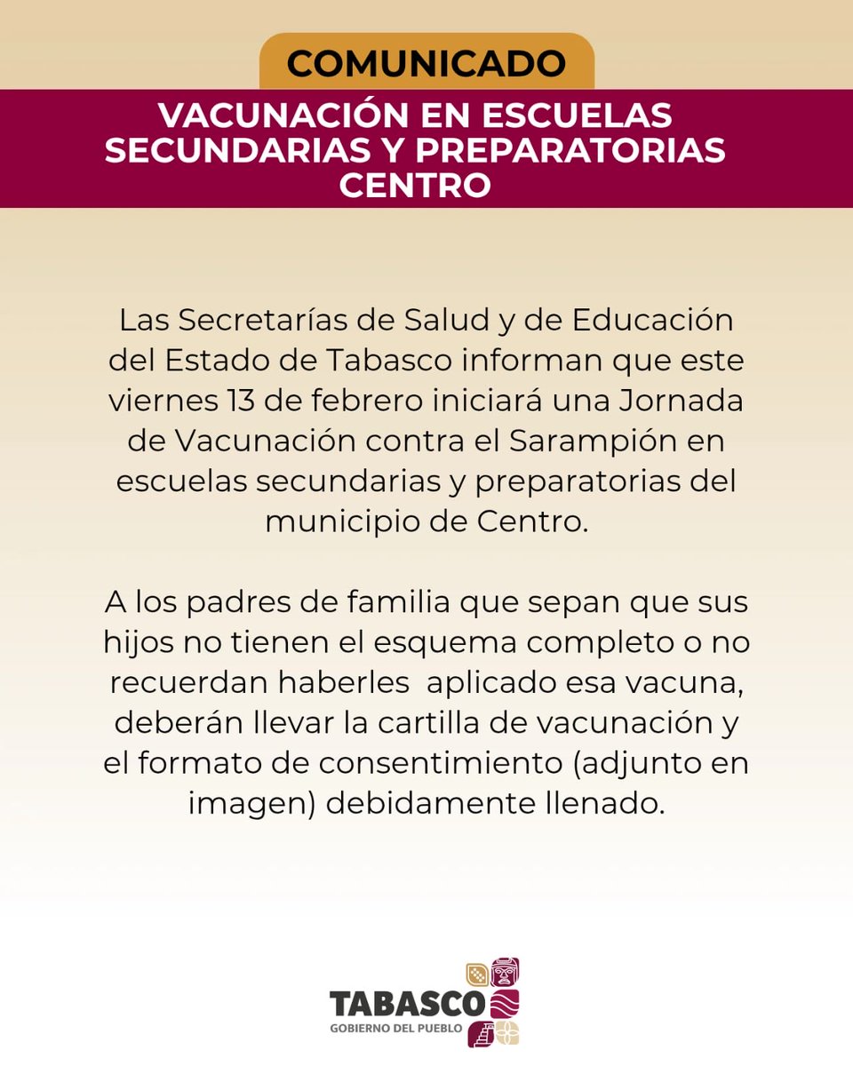 #AvisoImportante 

Las Secretaría de Salud Tabasco y de Secretaría de Educación Tabasco informan que este viernes 13 de febrero iniciará una Jornada de Vacunación contra el Sarampión en escuelas secundarias y preparatorias del municipio de #Centro.